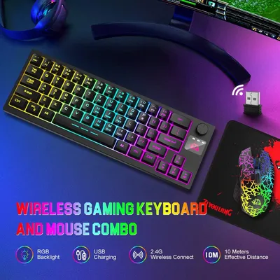 Wireless Gaming Keyboard and Mouse Combo, 12 RGB Backlit Rotary Knob, 4000mAh Battery,Mechanical