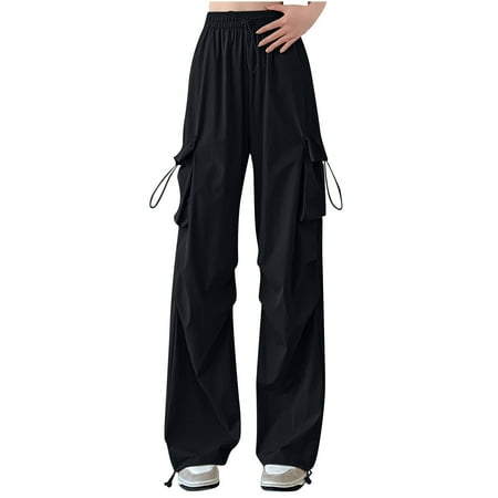 RYRJJ Baggy Parachute Pants for Women& Girls Drawstring Elastic High Waist Ruched Cargo Pants Multiple Pockets Jogger Y2K Wide Leg Trousers(Black XL)