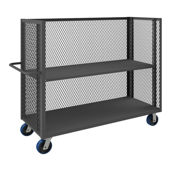 Durham Mfg 24" x 60" 14 Gauge Steel Adjustable 2-Shelf 3-Sided Mesh Truck with 6" Polyurethane Casters - 3,600 lb. Capacity 3ST-EX2460-1AS-6PU-95
