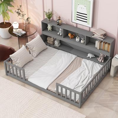 Grey Full Floor Platform Bed wBedside Bookcase,Shelves,Guardrails for Kids Girls Boys, Toddler Floor Bed, Kids Small Playroom