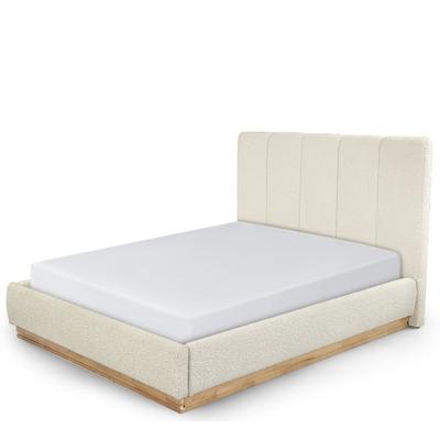 Bett BOLTON 160x200 - Bett 160x200, Bouclé Stoff in Oatmeal Weiß & helles Holz