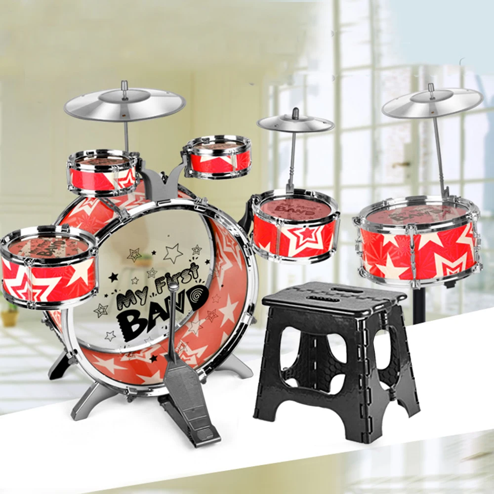 6-teiliges Kinder-Schlagzeug-Set, Schlagzeug, Jazz-Schlagzeug-Set mit klappbarem Tritthocker, Becken, Pedal, Drumsticks, Percussion-Musikinstrument Image