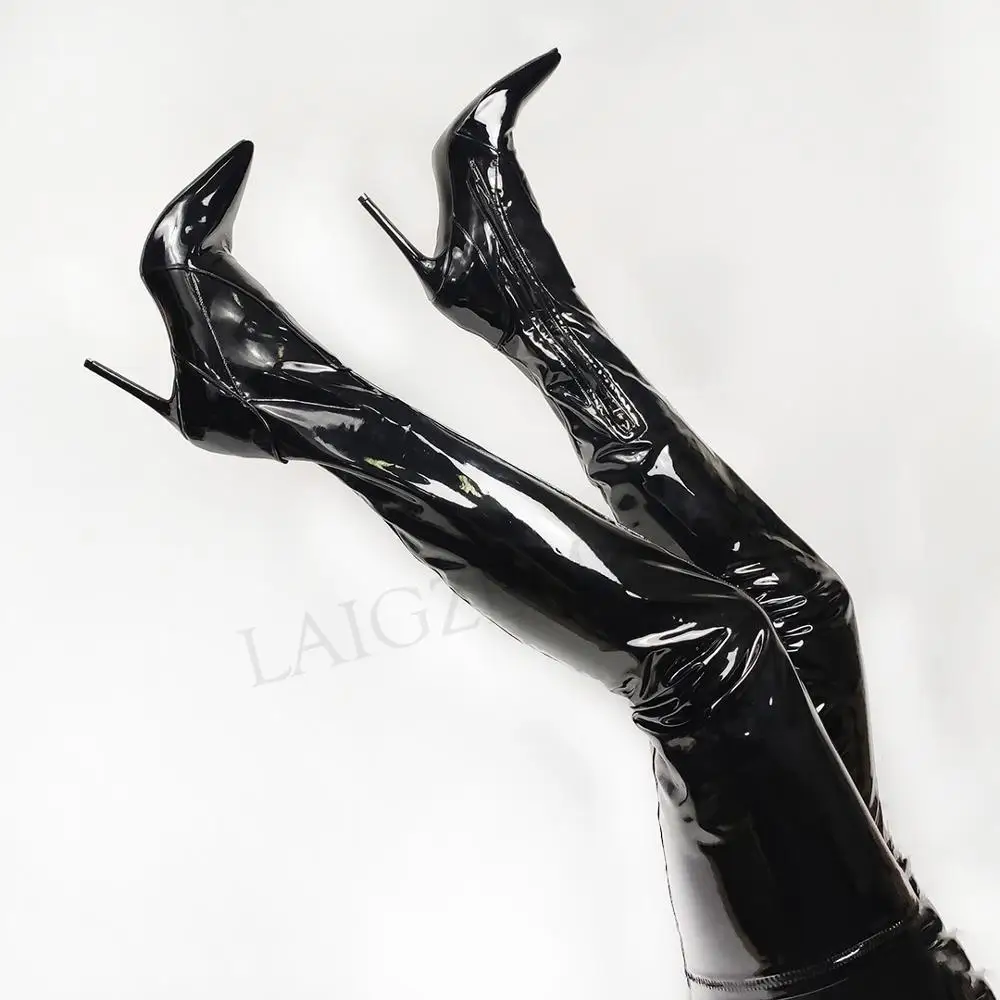 LAIGZEM Frauen Oberschenkel Hohe Stiefel Stretchy Stiletto Heels Über Knie Stiefel Seite Zip Damen Schuhe Frau Zapato Größe 43 44 46 47