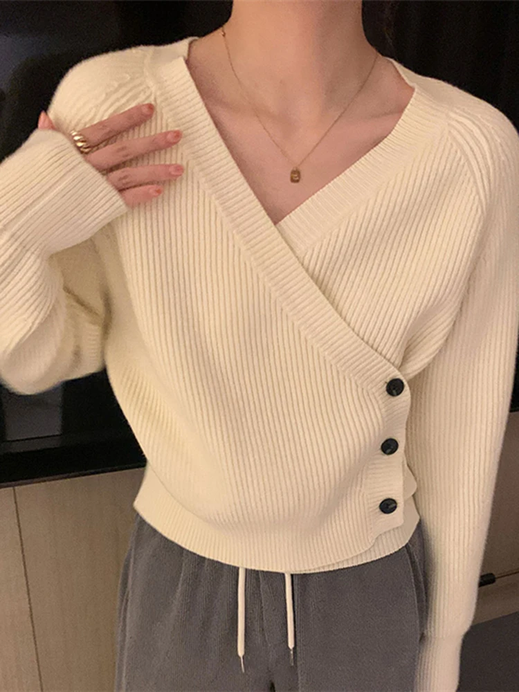 Herbst Winter Rippen Pullover Pullover Frauen 2026 Gestrickte Sexy V-ausschnitt Pullover Pullover Weibliche Lange Hülse Offenen Stich Tops Image