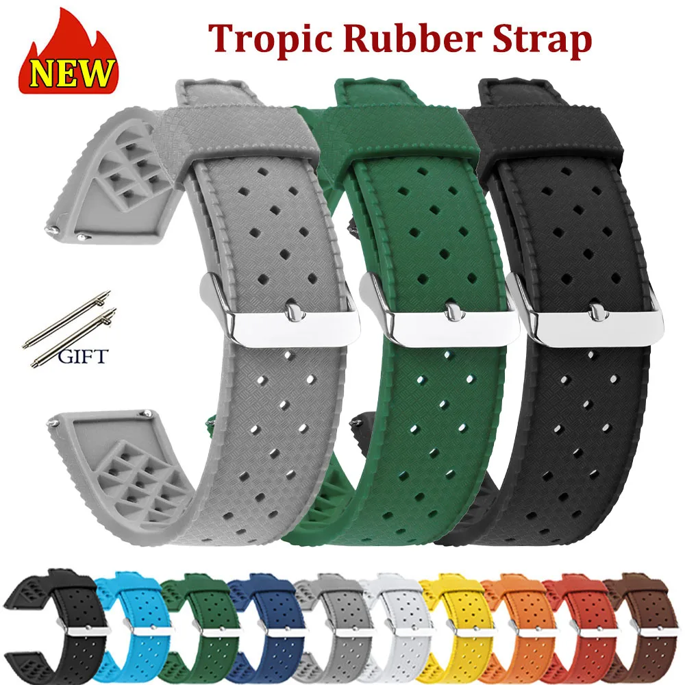 Premium Tropic Gummi-Uhrenarmband für Seiko 20, 22 mm, Schnellverschluss-Band für Fossil-Armband für Oris, Silikon, tropisches wasserdichtes Band Image