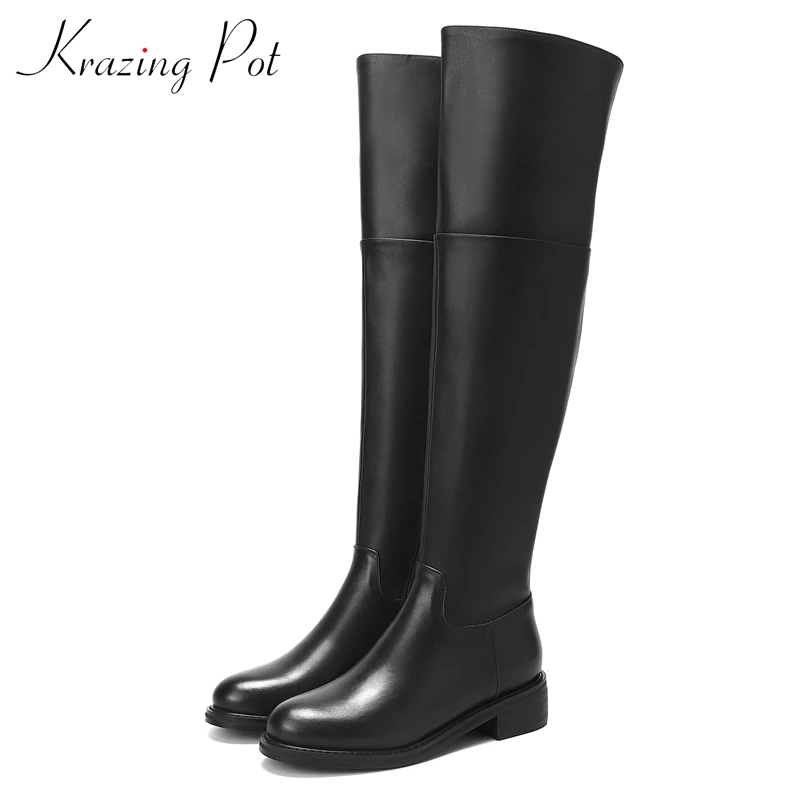 Krazing Pot Große Größe 43, Rindsleder, runde Zehenpartie, mittlerer Absatz, junge Dame, Alltagskleidung, einfacher Stil, klassische schwarze Overknee-Stiefel L52 Image