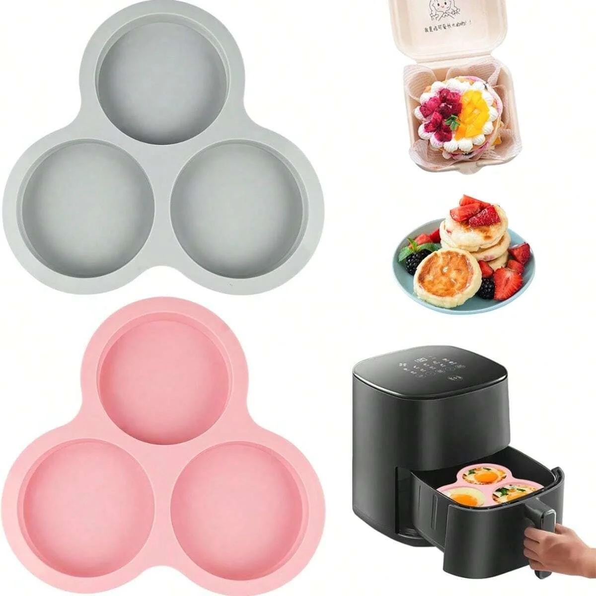 3Cavity Air Fryer Eierform Silikonform für Air Fryer Runde Form Cupcake Antihaft-Silikon Muffin Hamburger Pan DIY Kochen Ba Image