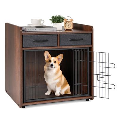 Costway Dog Crate Furniture Indoor Dog Cage with 2 Fabric Drawers End Table