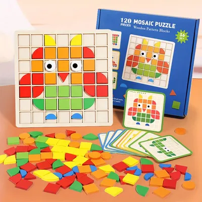 120Pcs Wooden Mosaic Puzzle Toy Montessori Kids Wooden 3D Geometric Shape Jigsaw Puzzle Board Set