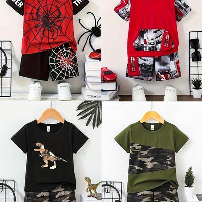 TEMU 8pcs Summer Boys Fashion With Print Special Fabric Special Design Shorts Short Sleeve Suit