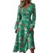 Women Casual Print Dress Summer Dress Women Long Sleeve V Neck Loose Dress Zipper Dress Slim Sweatshirt Ladies Dress Summer Casual Big Swing Dress