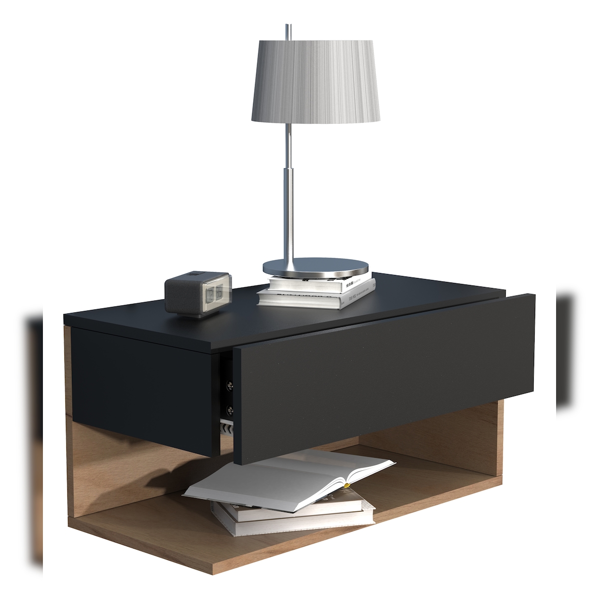 VCM Nachttisch Usal Schwarz / Honig-Eiche H. 30 x B. 60 x T. 32 cm Image