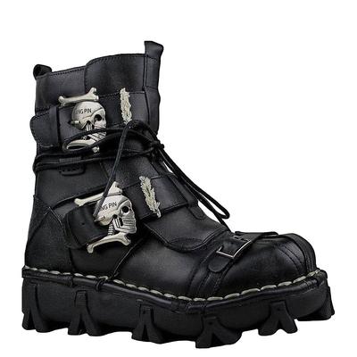 Men's Gothic Steampunk Skull Buckle Combat Boots with Rugged Sole - Vintage Brown Leather Lace-Up Ankle Boots for Bikers and Cosplay