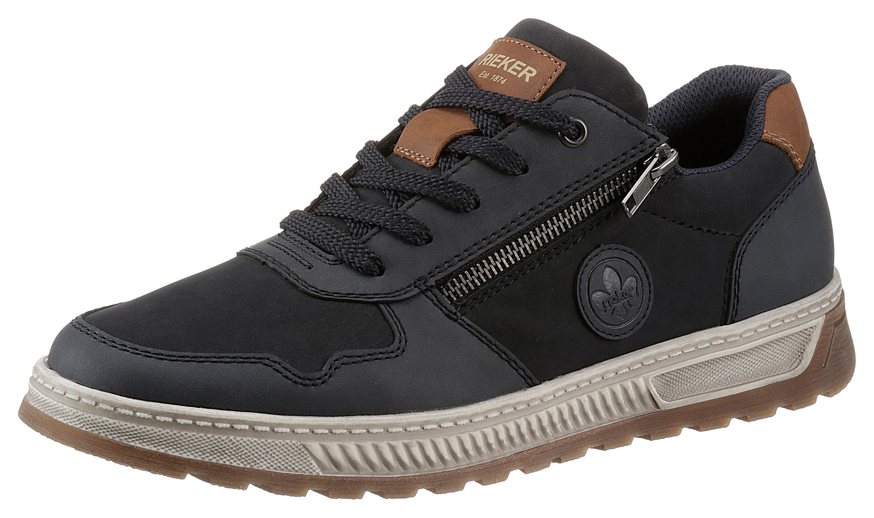 Sneaker RIEKER, Herren, Gr. 47, bunt (dunkelblau, braun), Nubuklederimitat, unifarben mit Farbeinsatz, Schuhe Sneaker, Freizeitschuh, Halbschuh, Schnürschuh mit Kontrastbesatz, Topseller