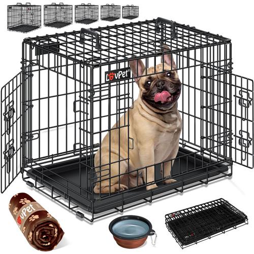 Hundekäfig klappbar Hundetransportkäfig Inkl. Fleecedecke + Napf Hundebox mit 2 Türen