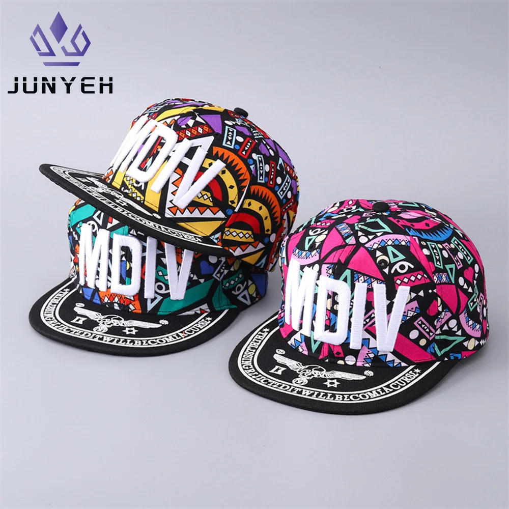 Florale Hip-Hop-Baseballmütze für Jungen und Mädchen, bestickte Buchstaben, flache Krempe, Sonnenschutzkappe, Straßenhüte für Eltern und Kinder Image