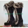 Dame schwarz Wildleder Pelz Design Vintage-Stil Stiefel Keile Ferse Punk Feder Design Plattform Knies tiefel Schnürung Größe 35-46 Schuhe