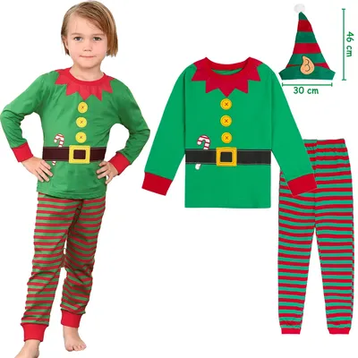 Weihnachtspyjamas für Kinder, Jungen, Cosplay, grüne Elfe, Weihnachtsmann, Nachtwäsche, Kleinkind, Mädchen, Weihnachtskleidung mit Hut, Neujahrsgeschenk, 2–14 Jahre Image