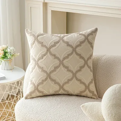 Kissenbezug mit Blumen getuftet, beige, geometrische Stickerei, Bodenkissenbezug, schöner Image