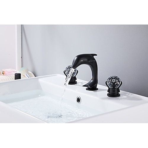 weit verbreitete Waschbecken-Mischbatterie, 3-Loch-2-Griff-Waschtischarmatur, Retro-Stil-Kristallgriff-Messing-Waschbecken-Wasserhahn mit Versorgungsleitungen und Warmwasserschlauch an Deck montiert Image