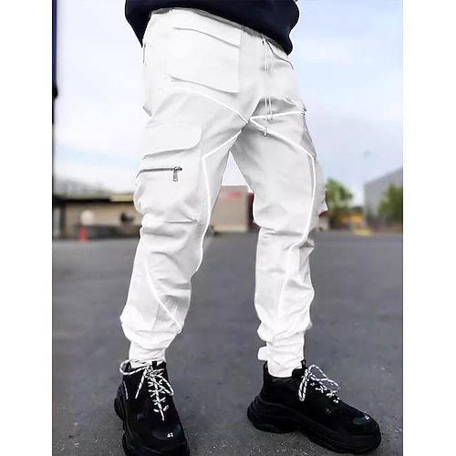 Herren Cargohose Cargohosen Hose Hosen Freizeithose Kordelzug Multi Pocket reflektierende Streifen Glatt Komfort Weich In voller Länge Outdoor Täglich Ausgehen Modisch Strassenmode Schwarz Weiß Image