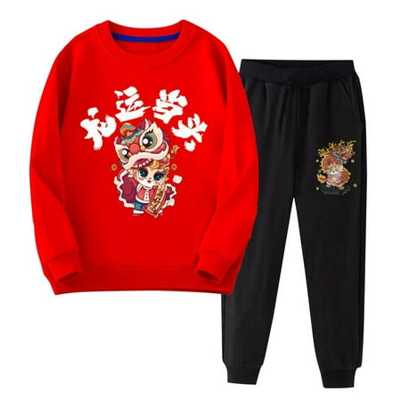 Otqutp Baby Round Neck Round Neck Children s Red New Year Wear Boys and Girls Children Dragon Year Casual Sweatshirt Pants Two Sets Fall Winter Clothes (D 12-18 Months)