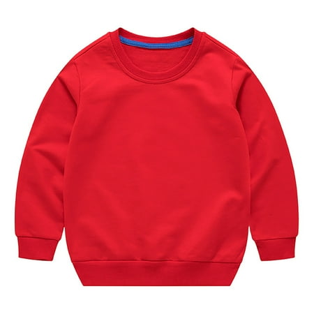 Otqutp Baby Casual Round Neck Toddler Boys Girls Solid Color Long Sleeve Round Neck Pullover Sweatshirt Threaded Neckline Tops Fall Winter Clothes(Red 12-18 Months)
