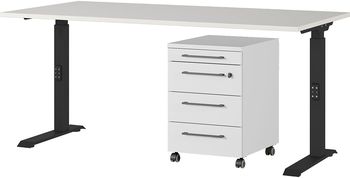 Büromöbel-Set GERMANIA "Agenda", schwarz (lichtgrau, schwarz), B:160cm T:80cm, Arbeitsmöbel-Sets, Büromöbel-Set, Set bestehend aus höhenverstellbarem Schreibtisch und Rollcontainer