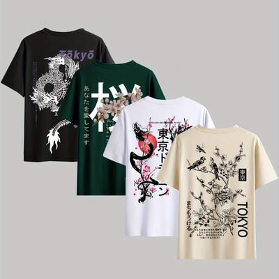 TEMU Men's 4pcs Series Print Round Neck Short Sleeve T-shirt, Casual Comfortable Top Suitable For Summer Outdoor Wear Image