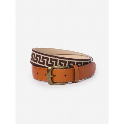 J.McLaughlin Men's Needlepoint Belt in Greek Key Dark Brown/Brown, Size 34 | Cotton/Leather