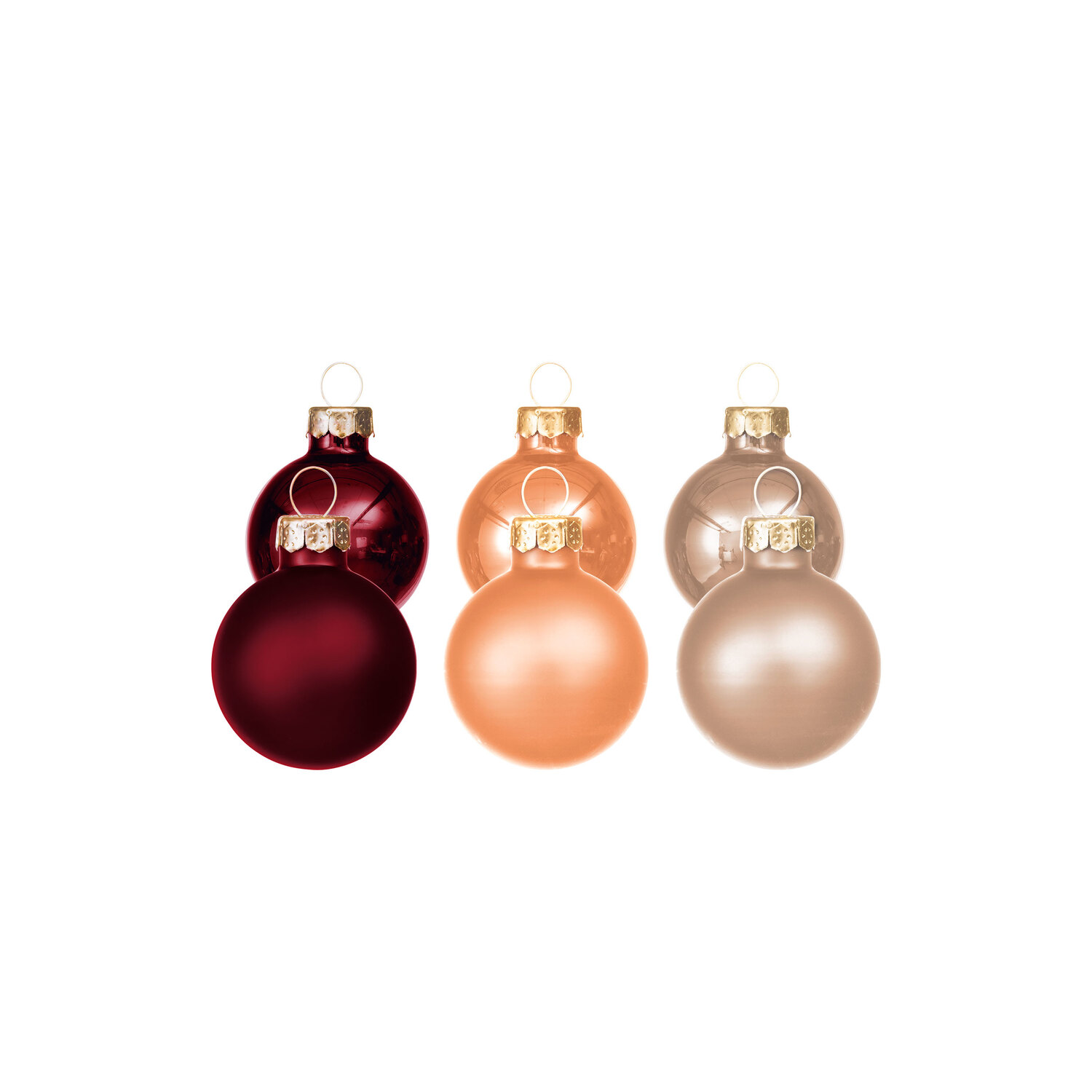 Boules de Noël en verre, rouge, saumon, crème, 3 cm Ø, 12 pièces