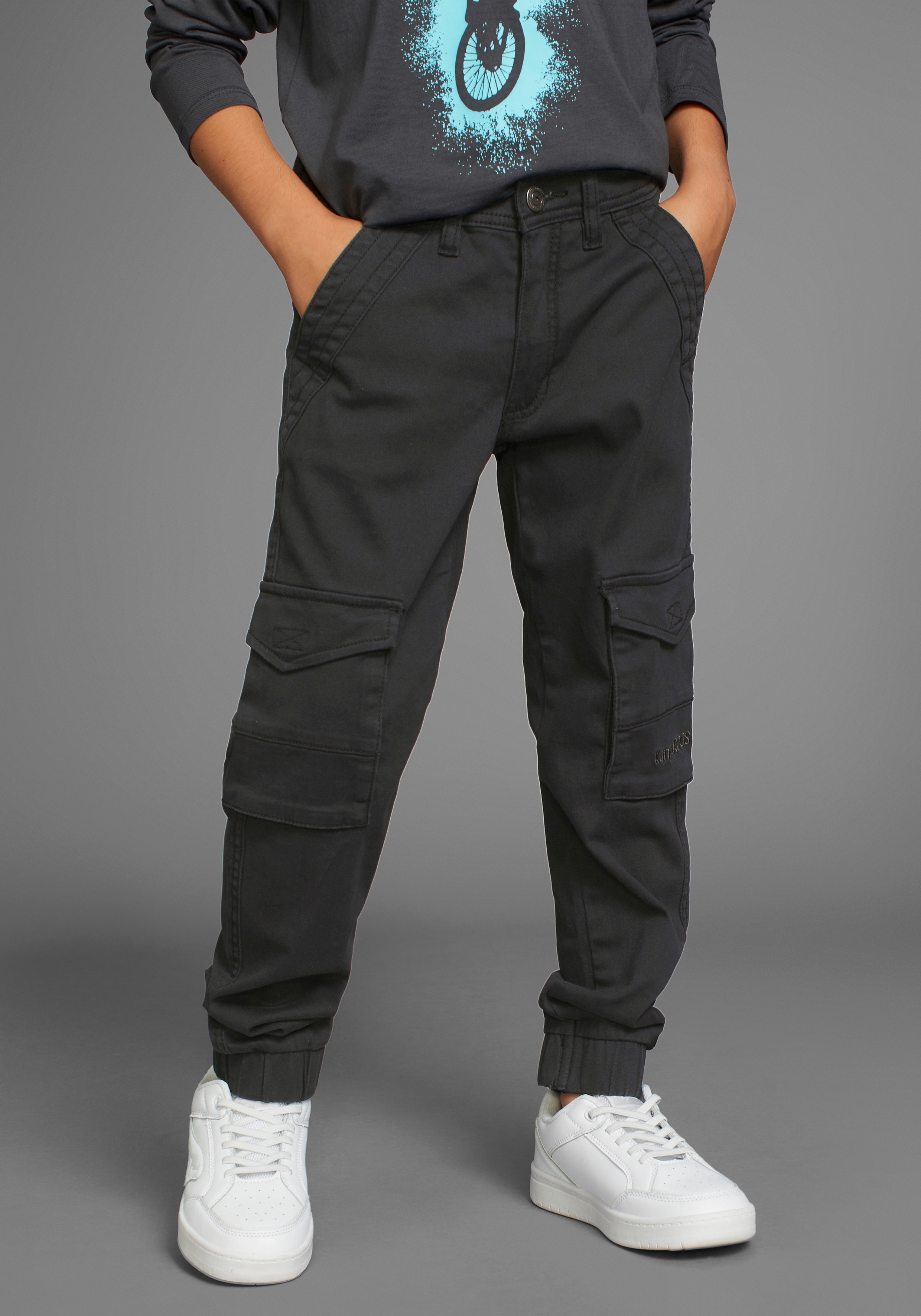 Cargohose KANGAROOS "für Jungen", Jungen, Gr. 170, N-Gr, schwarz, Web, Obermaterial: 98% Baumwolle, 2% Elasthan, Basic, lang, Hosen, mit Logo-Stickerei Image