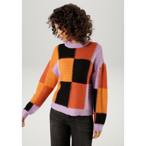 Strickpullover ANISTON CASUAL Gr. 34, bunt (zimt-schwarz-orange-flieder) Damen Pullover im farbharmonischem Patch-Dessin