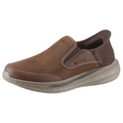Slip-On Sneaker SKECHERS "SLADE-", Herren, Gr. 40, braun (dunkelbraun), Leder, Textil, casual, Schuhe, Slipper, Freizeitschuh, Halbschuh mit Goga Mat Funktion, Topseller