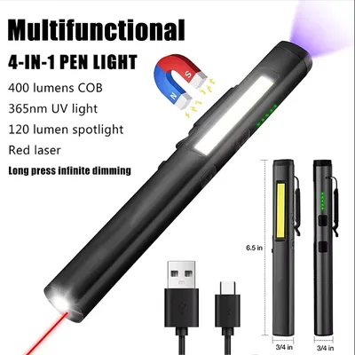 Multifunctional 4 in 1 LED Flashlight Mini USB Rechargeable 800mah Pen Clip Flashlight 365nm UV