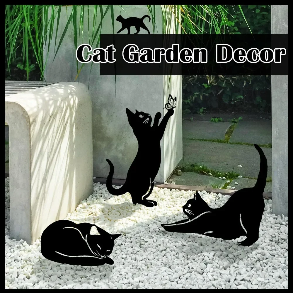 Piquets de jardin de famille de chat, Silhouette décorative de jardin de chat mignon, Statues d'extérieur d'animaux pour cour de chat, pelouse de jardin