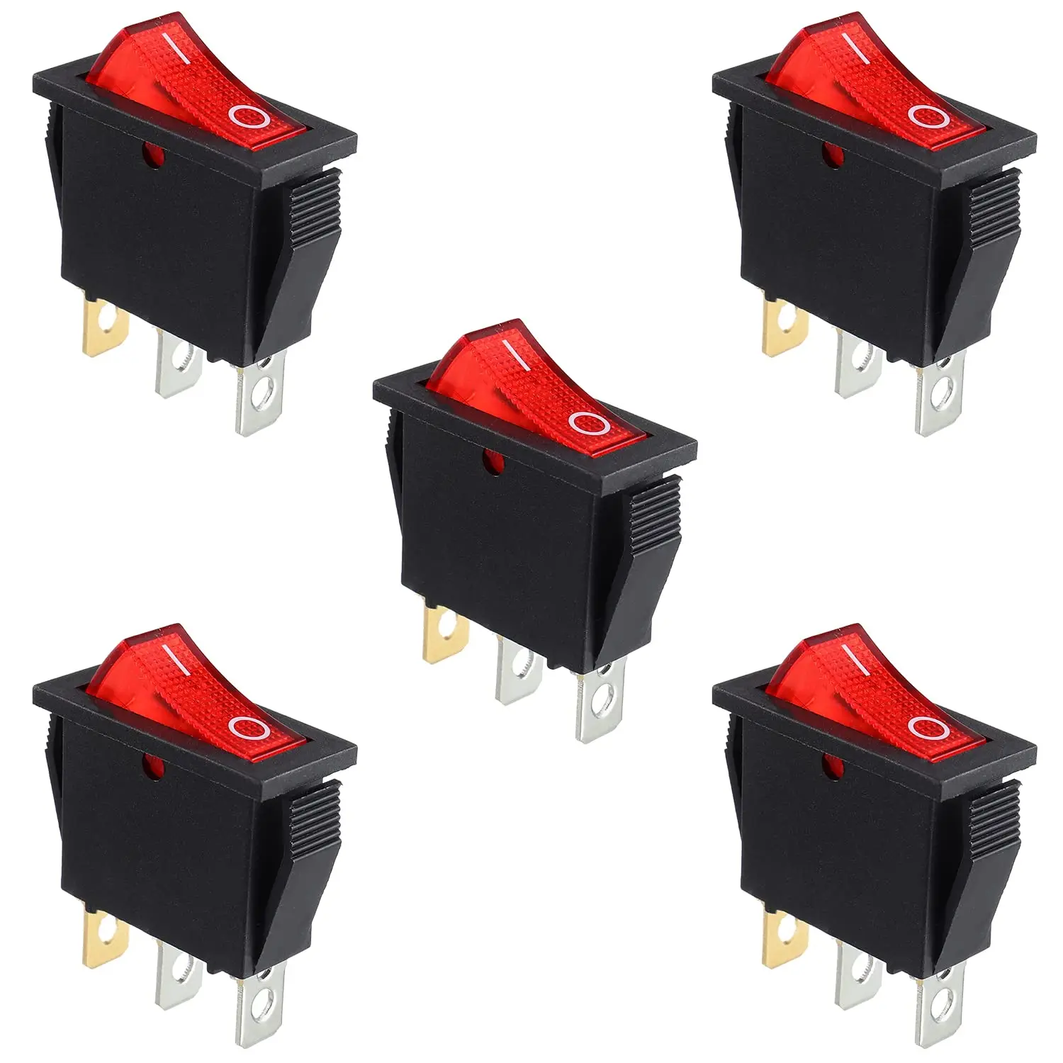 5 Stück Wippschalter, rotes Licht, beleuchtet, EIN/Aus, SPST, 3-polig, 3 Positionen, Bootswippschalter, Schnappverschluss, AC 250 V/15 A, 125 V/20 A, KCD3 Image