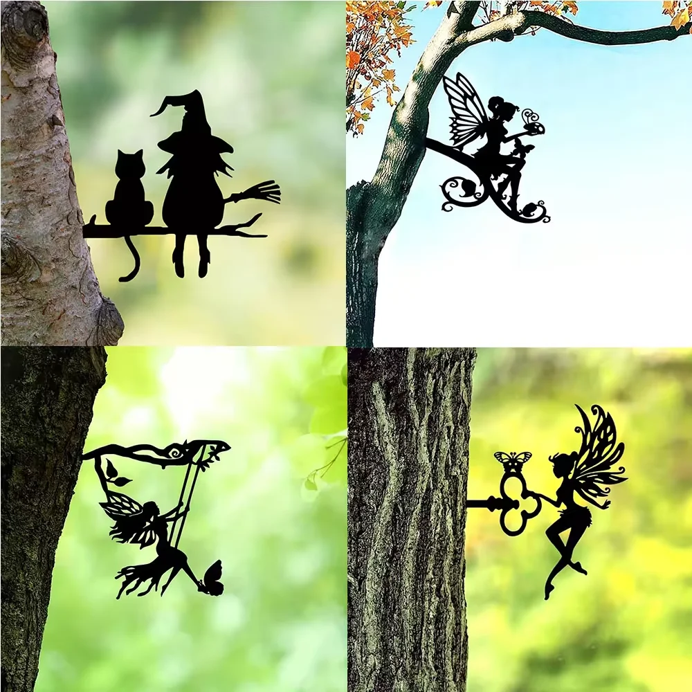 1pc Eisen Silhouette niedlichen Hexe und Katze Garten Pfahl Hof Kunst Dekor für Garten Rasen Innenhof, Baumstumpf Plug-in Wohnkultur