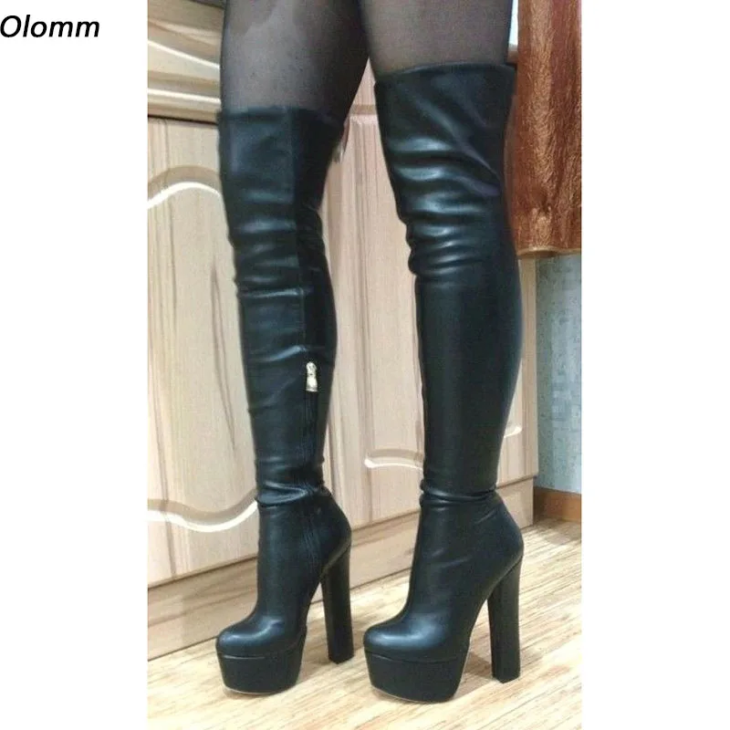 Olomm Handgemachte Frauen Winter Über Das Knie Stiefel Faux Leder Chunky Heels Runde Kappe Elegante Schwarze Beiläufige Schuhe Plus UNS größe 5-20
