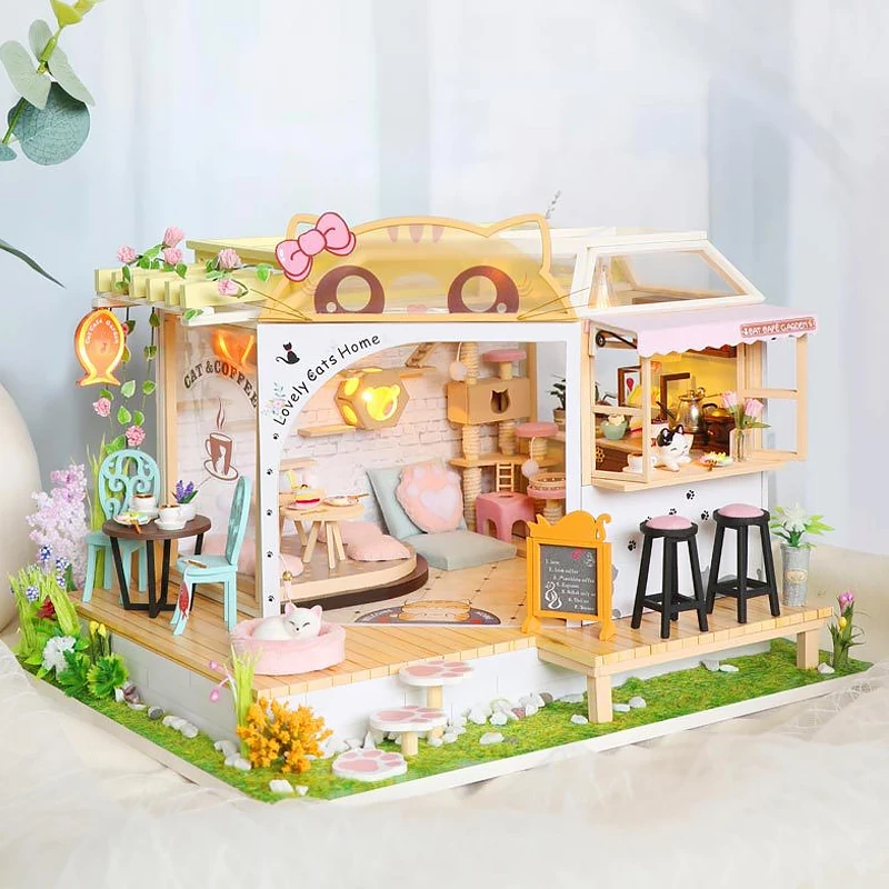 Katze Café Holz Mini Puppenhaus 3D Puzzle Montage Gebäude Modell Kit DIY Miniatur Kleines Haus Spielzeug Hause Mit Möbel Lichter Image