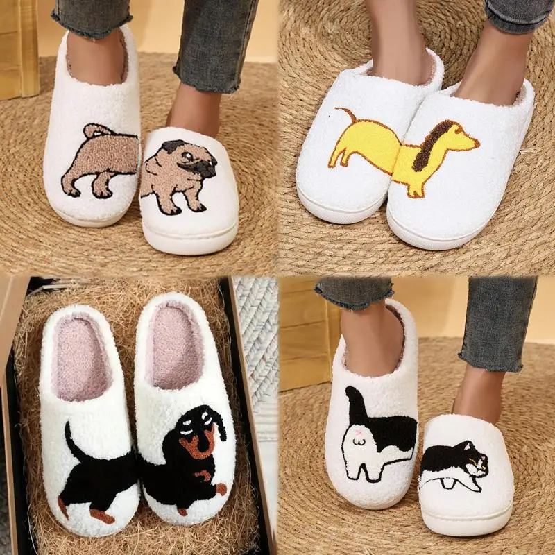 Plattform Flauschige Hausschuhe Frauen Haus Plüsch Cartoon Hund Designer Winter Schuhe Mädchen Wohnungen Home Fashion Casual Schuhe Große Größe