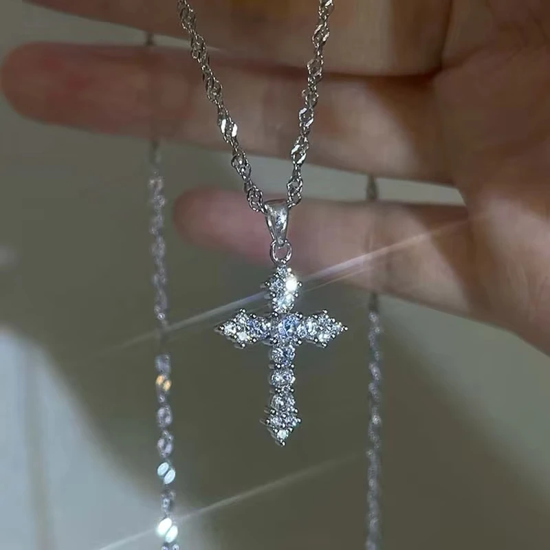 Glänzende Kristall Zirkon Kreuz Anhänger Halskette für Frauen Mädchen Punk Silber Farbe Dünne Kette Halskette Partei Schmuck Geburtstag Geschenk Image