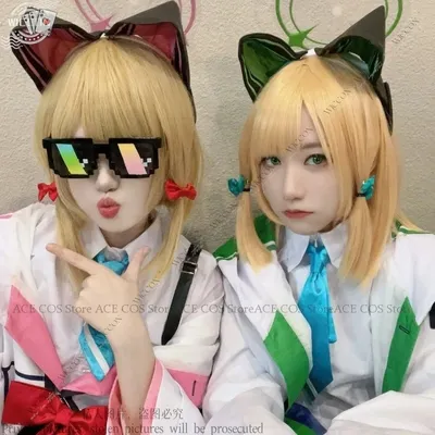 Saiba Momoi Blue Archive Saiba Midori Anime Spiel Cosplay Kostüm Perücke Schleife Haarband Gratis Image