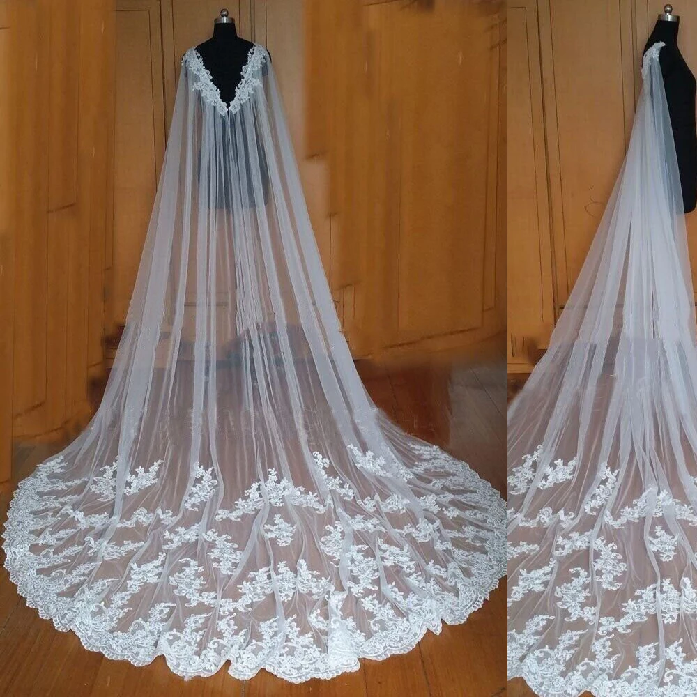 Lange Spitzenapplikationen Hochzeitsschal Spitze Brautumhang Hochzeitswickel Umhänge Brautschleier Drag Train Maßgeschneidert Image