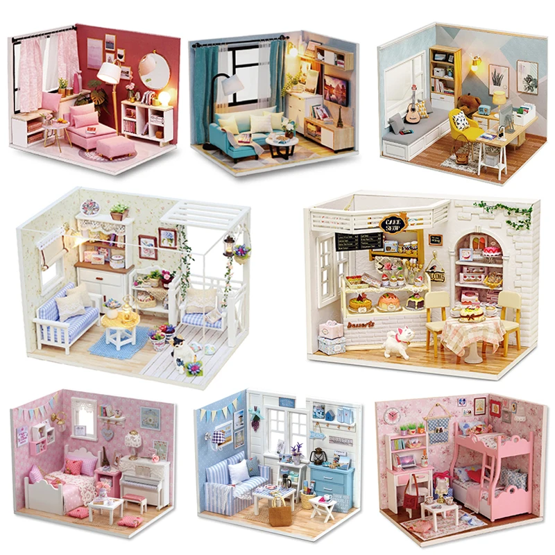 Holz Mini Puppenhaus 3d Puzzle Montage Gebäude Modell Spielzeug Home Schlafzimmer Dekoration mit Möbeln LED Lichter Spielzeug Weihnachten Geschenke