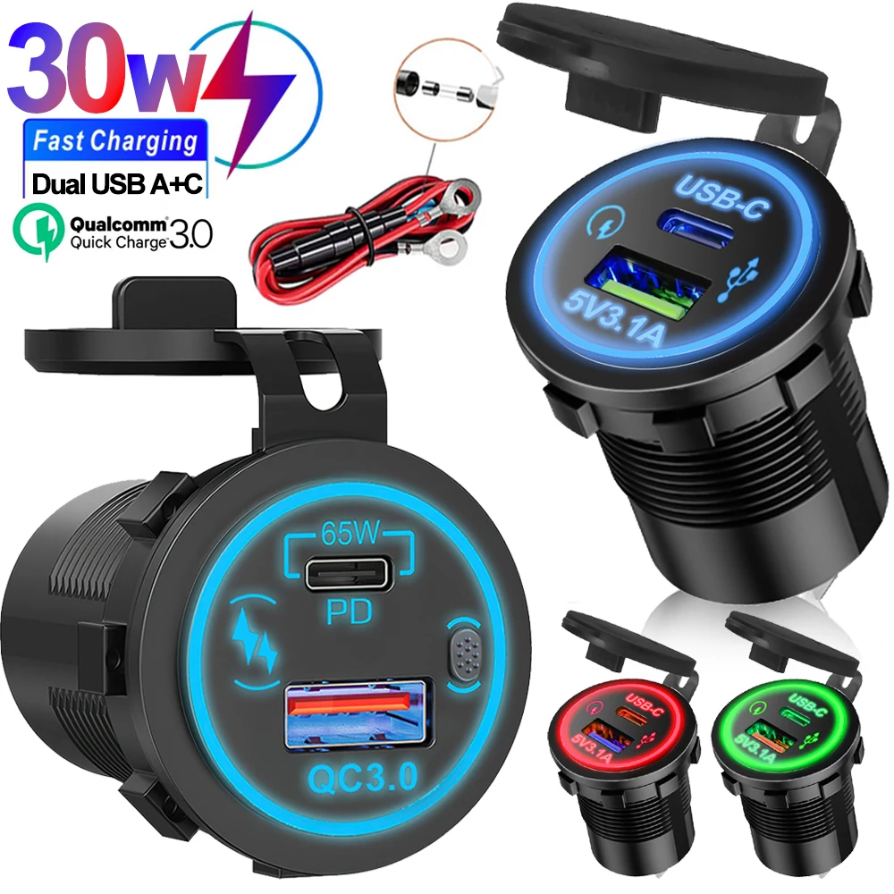 30 W/85 W USB-Ladegerät-Steckdose, wasserdichte Ladegerät-Buchse, PD-Typ C und QC3.0-USB-Anschluss, USB-Buchse für Auto, Boot, Marine, LKW, 12 V Image