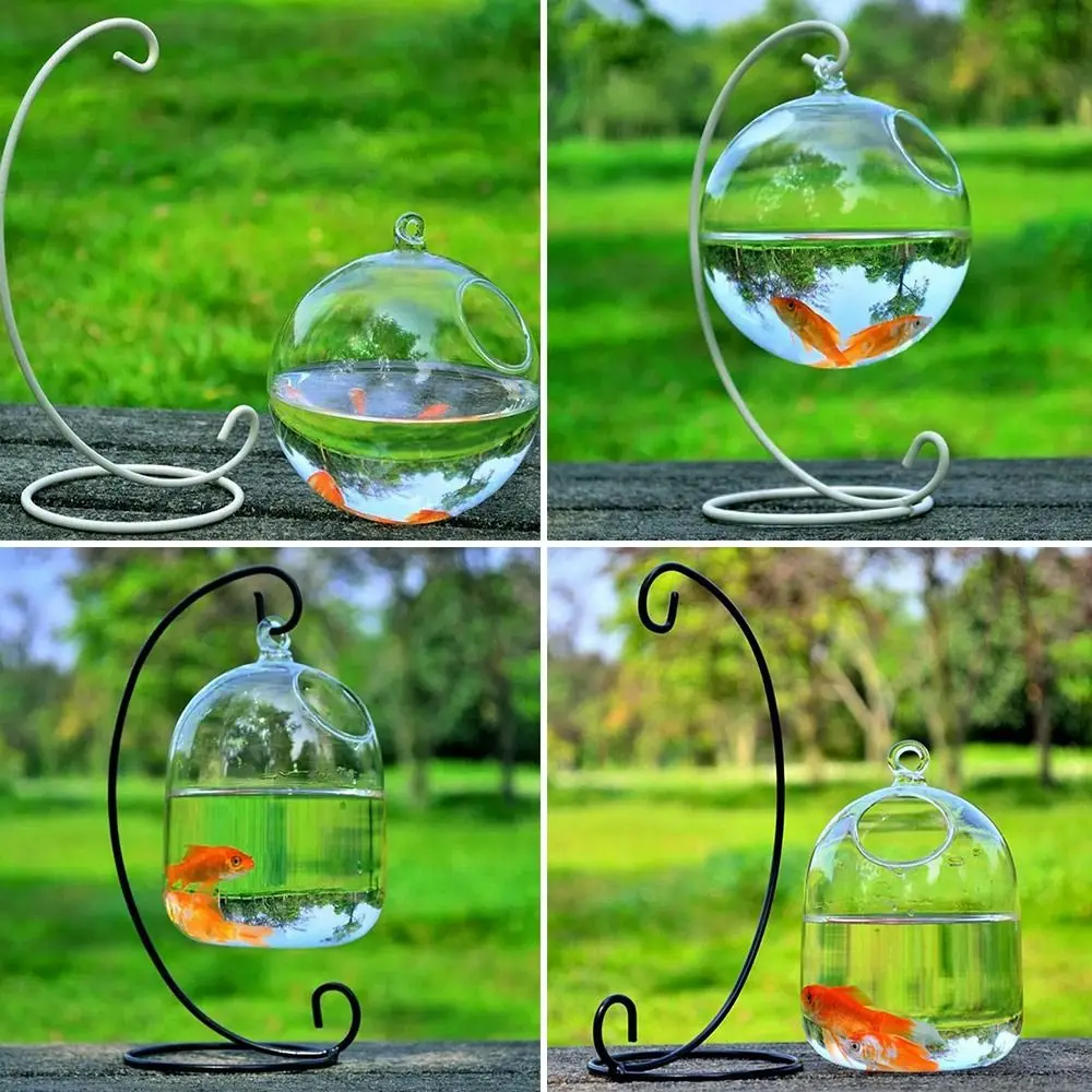 Runde/rechteckige Form hängendes Glas Aquarium Aquarium Fischs chale transparente Vase Ornament mit Rack Halter Home Dekoration Image
