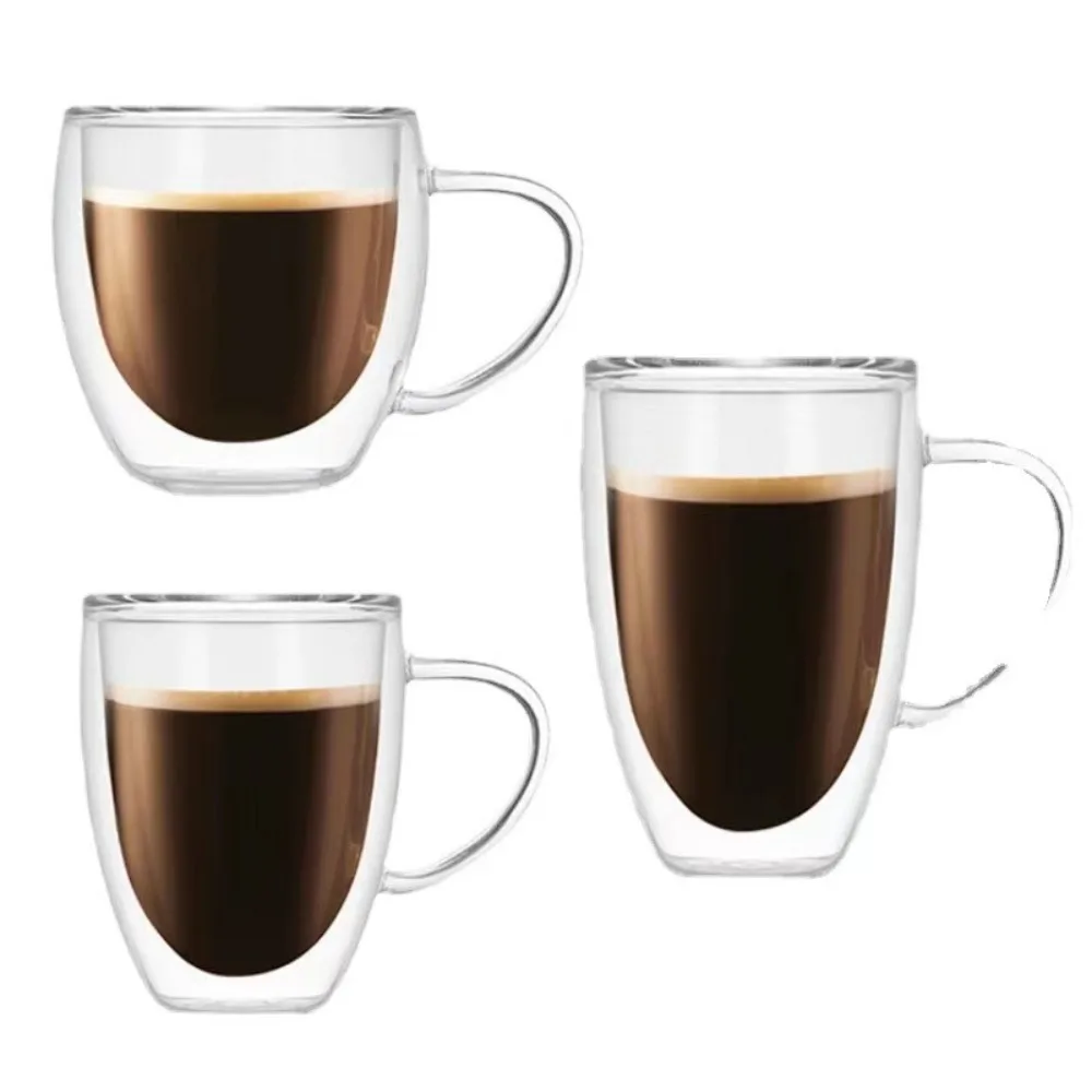 Doppels chicht transparente Glass chale hitze beständig mit Griff Kaffee Milchsaft Wasser Tasse Image