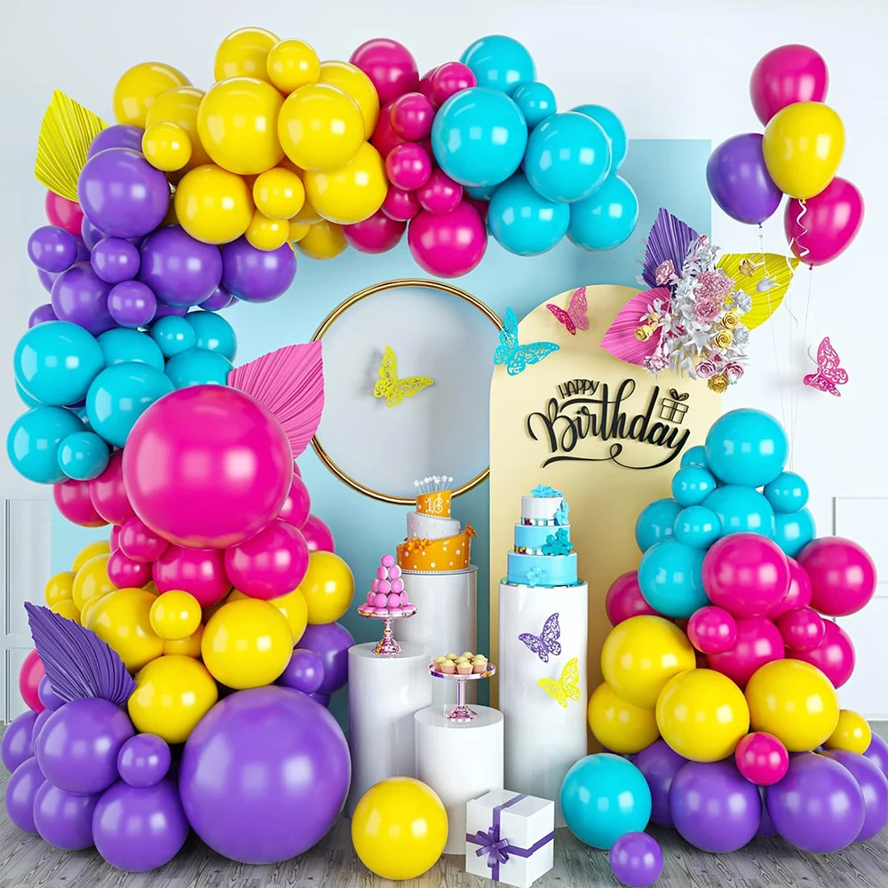 113pcs hot pink lila blau gelb Ballon bogen Girlande Kit Regenbogen Latex Ballon Kind Geburtstags feier Dekor Baby party Dekoration Image