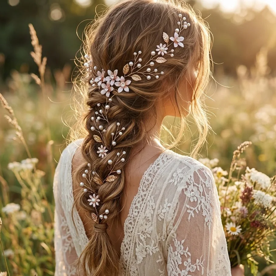 Handgemachte Blüte Kopf bedeckung Perle Strass Braut Hochzeit Haar bänder Rebe Metall Blatt Blume Kopf bedeckung Schmuck Haarschmuck Image